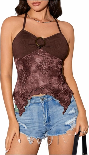 OYOANGLE Women's Floral Print Contrast Lace Tie Backless Halter Cami Top Asymmetrical Hem Tank Tops