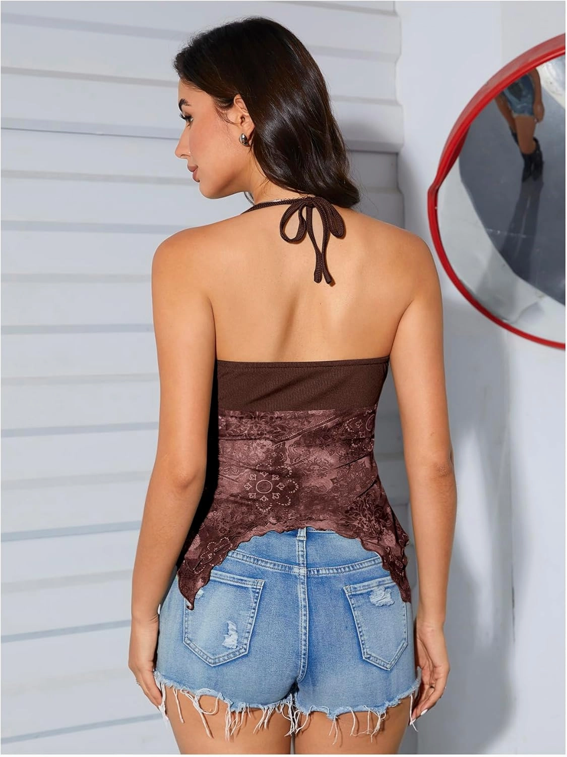 OYOANGLE Women's Floral Print Contrast Lace Tie Backless Halter Cami Top Asymmetrical Hem Tank Tops