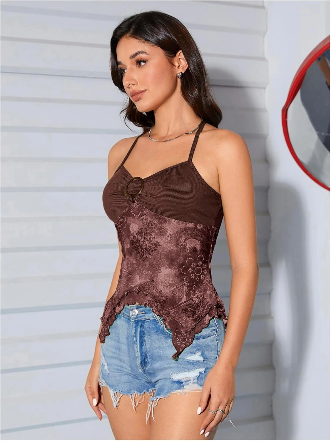 OYOANGLE Women's Floral Print Contrast Lace Tie Backless Halter Cami Top Asymmetrical Hem Tank Tops