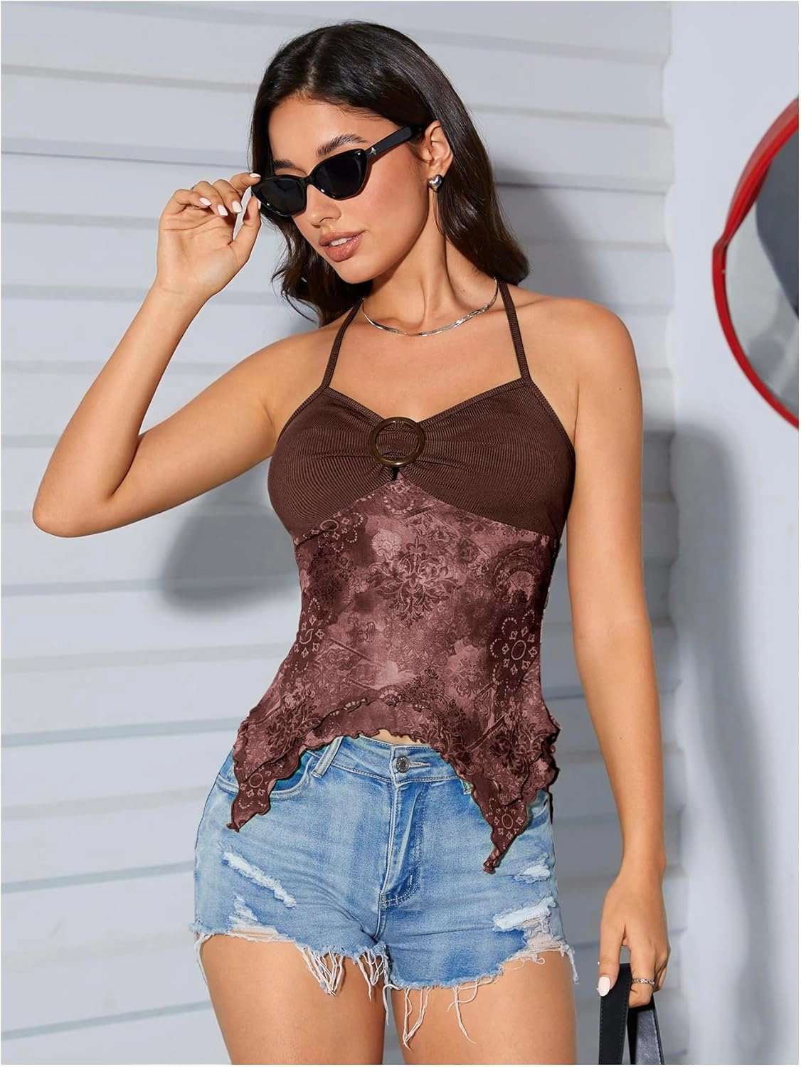 OYOANGLE Women's Floral Print Contrast Lace Tie Backless Halter Cami Top Asymmetrical Hem Tank Tops