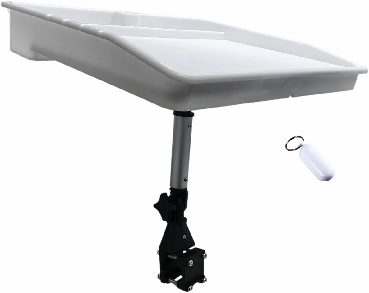 Pactrade Marine Bait Cutting Board for Boat - Adjustable Fish Cleaning Filet Table with Compartments, Knife Slots, and Engraved Fish Scale | Easy to Transport & Store (Rail Mount with Angled Leg)