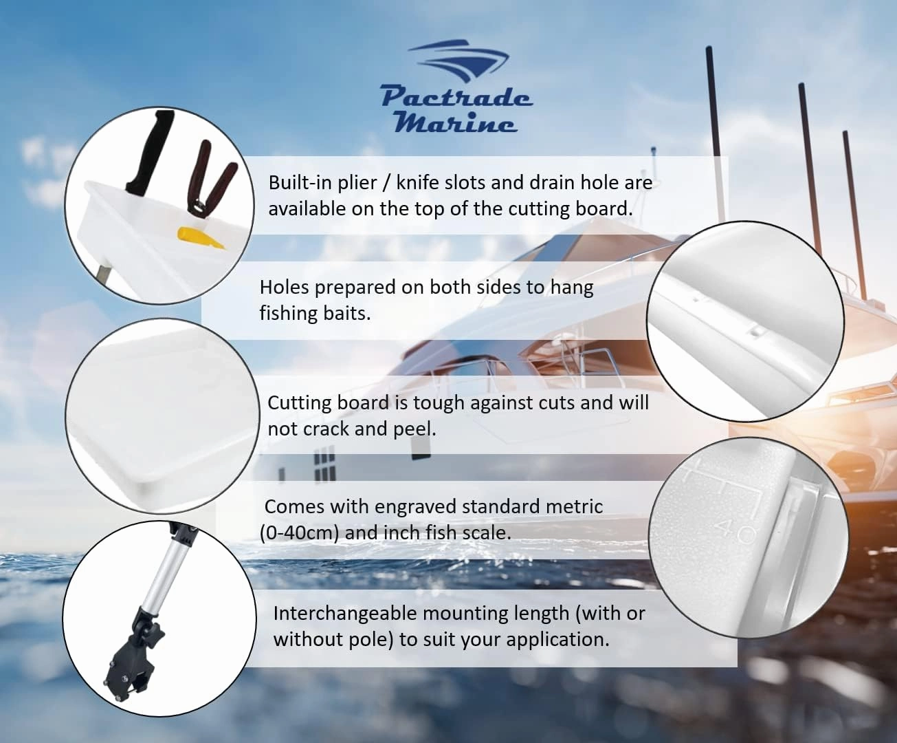 Pactrade Marine Bait Cutting Board for Boat - Adjustable Fish Cleaning Filet Table with Compartments, Knife Slots, and Engraved Fish Scale | Easy to Transport & Store (Rail Mount with Angled Leg)