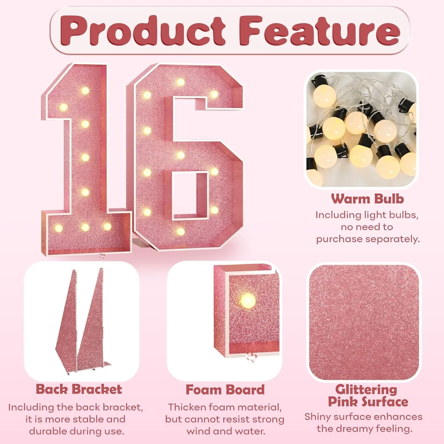 Paready 4FT Marquee 16 Numbers Rose Gold, Light Up Numbers 16 Pink 16th Birthday Decorations, Large Number 16 Light Up Foam Board for Girls 16th Birthday Party DIY Decorations Anniversary