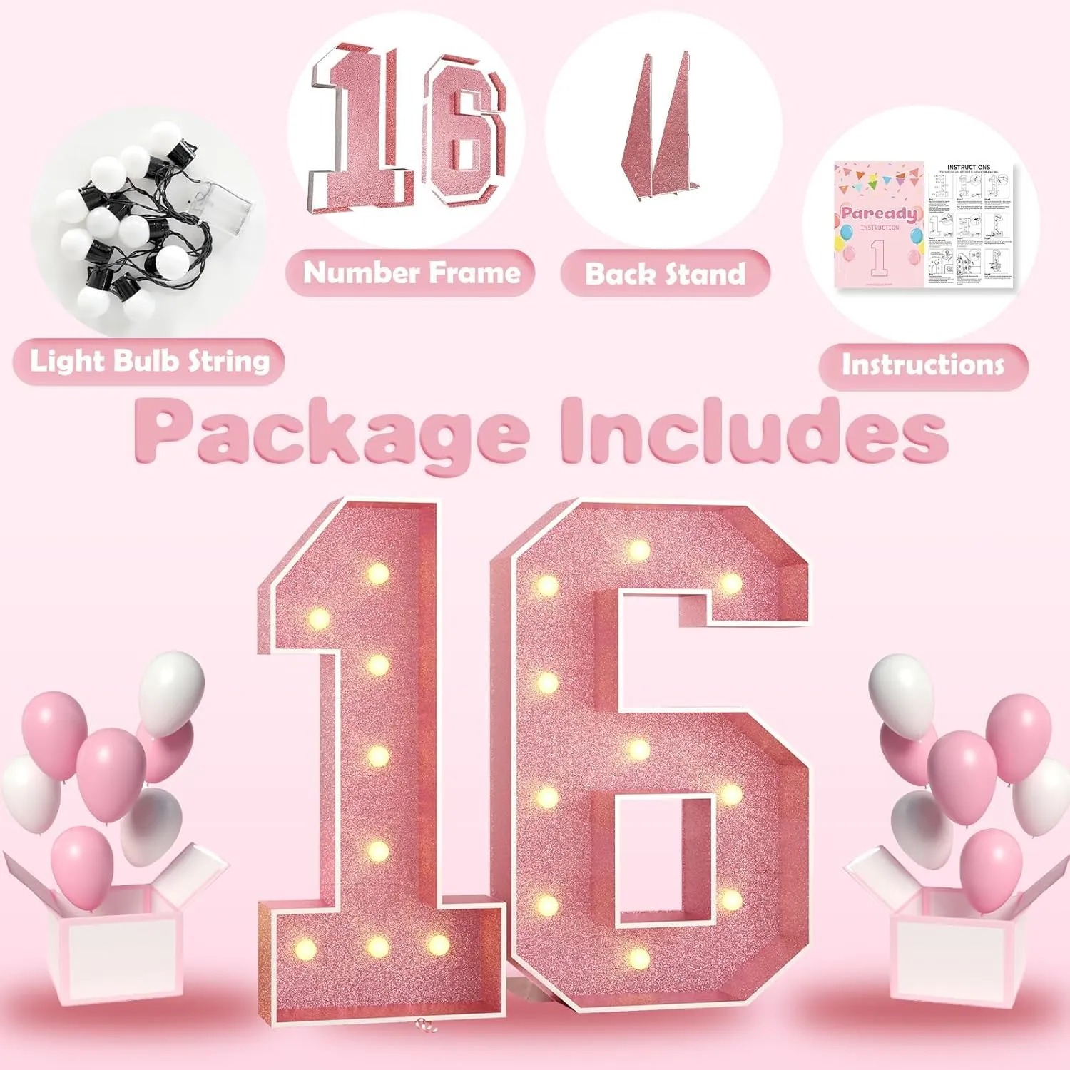 Paready 4FT Marquee 16 Numbers Rose Gold, Light Up Numbers 16 Pink 16th Birthday Decorations, Large Number 16 Light Up Foam Board for Girls 16th Birthday Party DIY Decorations Anniversary