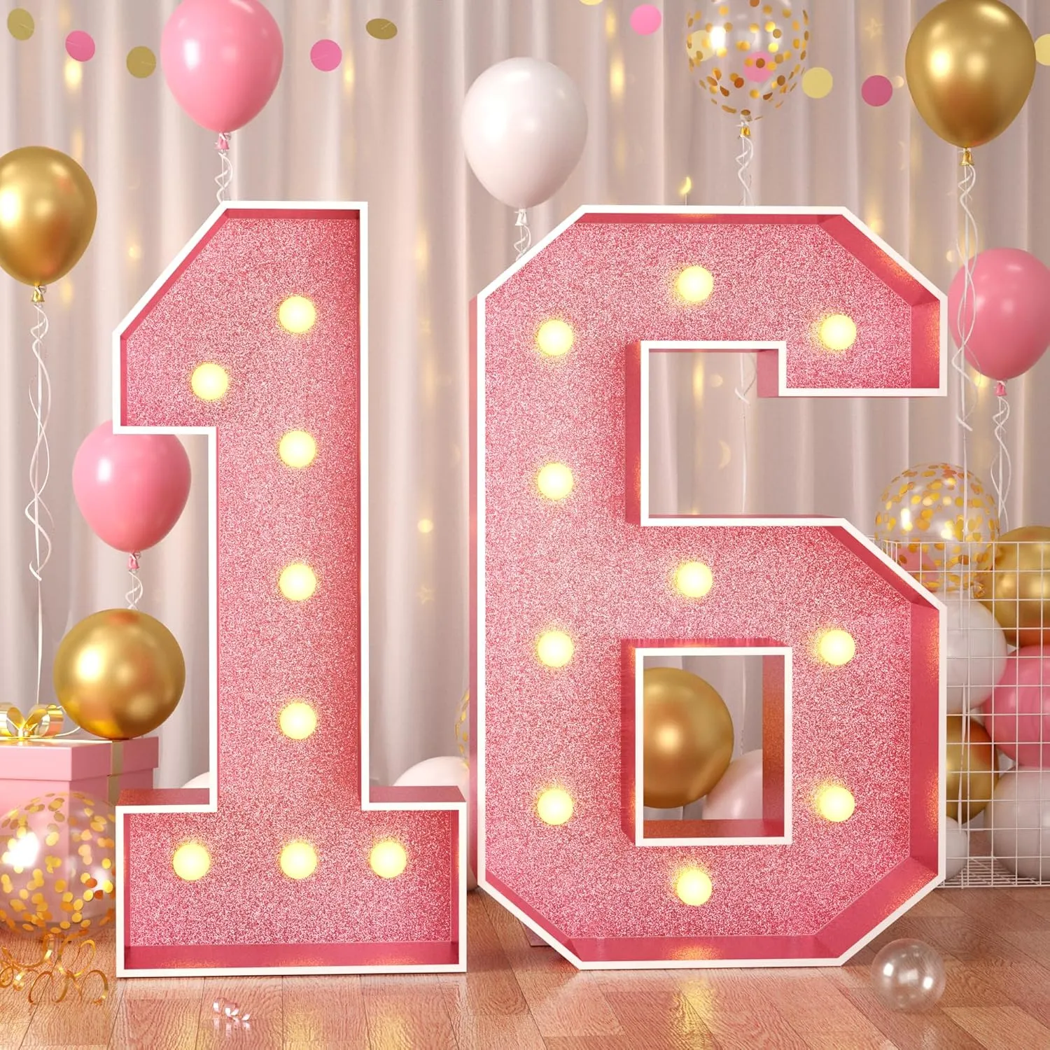 Paready 4FT Marquee 16 Numbers Rose Gold, Light Up Numbers 16 Pink 16th Birthday Decorations, Large Number 16 Light Up Foam Board for Girls 16th Birthday Party DIY Decorations Anniversary