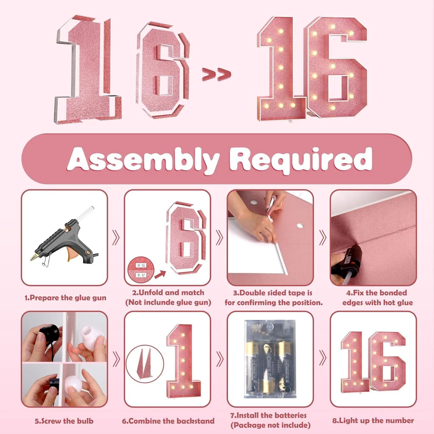Paready 4FT Marquee 16 Numbers Rose Gold, Light Up Numbers 16 Pink 16th Birthday Decorations, Large Number 16 Light Up Foam Board for Girls 16th Birthday Party DIY Decorations Anniversary