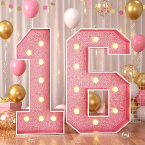 Paready 4FT Marquee 16 Numbers Rose Gold, Light Up Numbers 16 Pink 16th Birthday Decorations, Large Number 16 Light Up Foam Board for Girls 16th Birthday Party DIY Decorations Anniversary