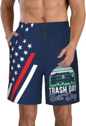 PAUPPY Trash Day Best Day Waste Management Garbage Truck Gift Mens Swim Trunks with Liner Bathing Suits Shorts Men's Swimwear White-3XL