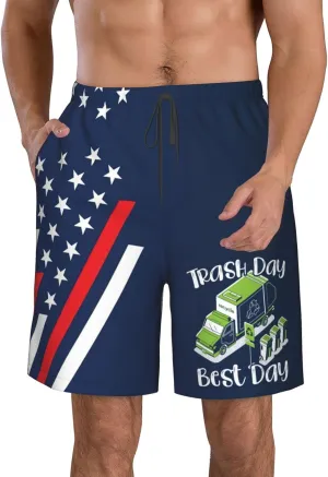 PAUPPY Trash Day Best Day Waste Management Garbage Truck Gifts Men's Swim Trunks Men Board Shorts Bathing Suit Men's Swimwear White-3XL