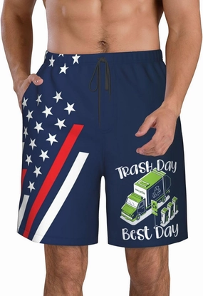 PAUPPY Trash Day Best Day Waste Management Garbage Truck Mens Slim Fit Quick Dry Swim Shorts Swim Trunks Mens Bathing Suits White-3XL