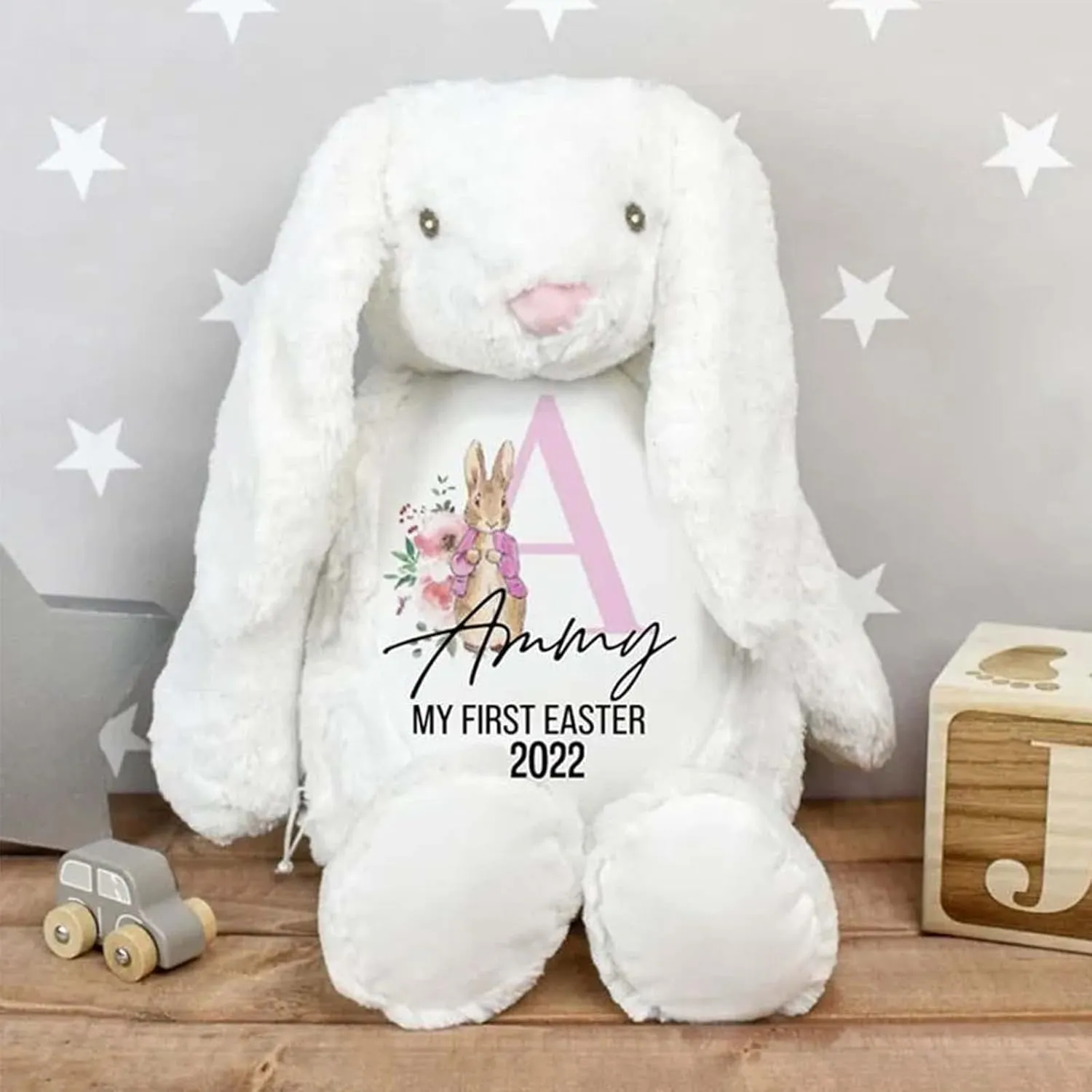 Personalized Bunny Rabbit Stuffed Animal Plush, Customized Your Name Easter Gift, Vinyl embroidery Bunny Rabbit Plush Toy Gift (Style 2) (A)