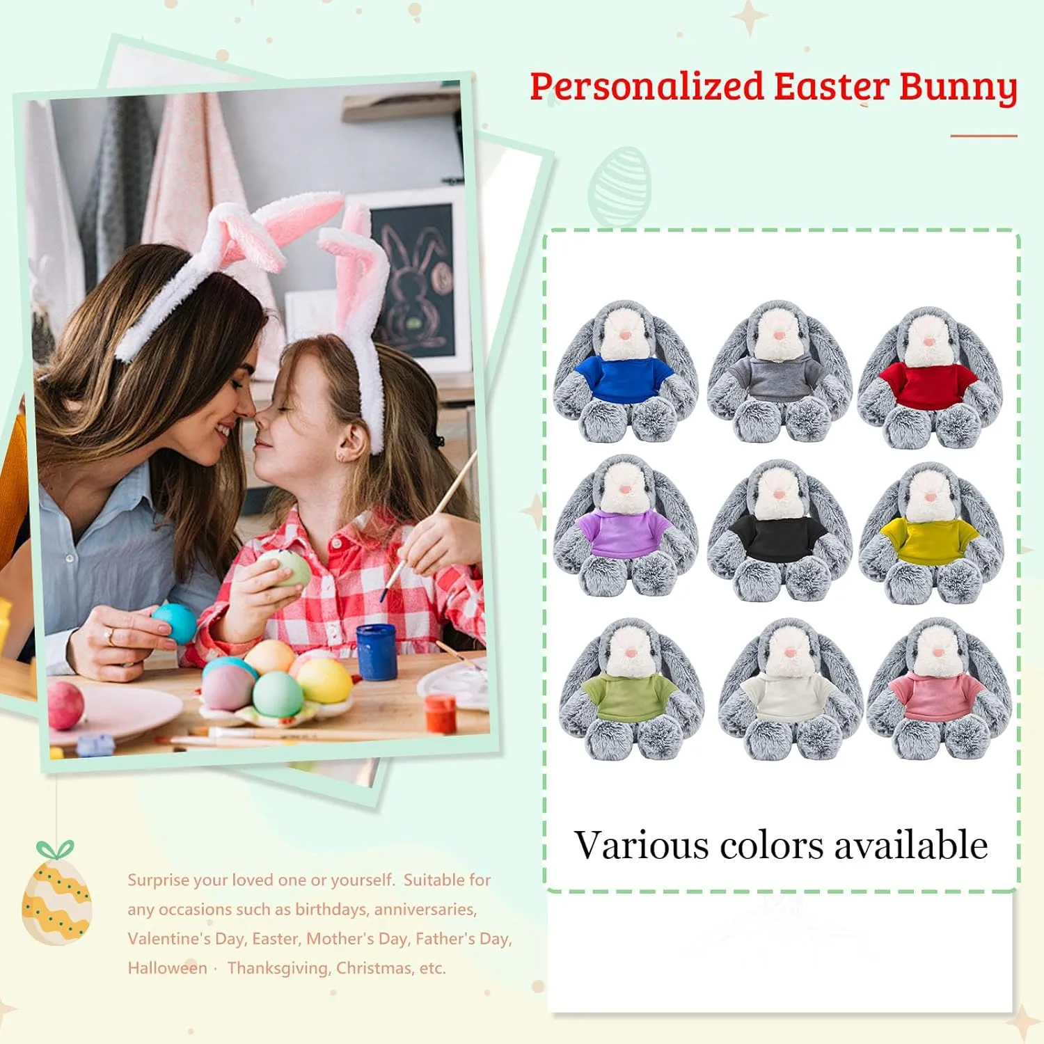 Personalized Easter Bunny Stuffed Animal, Custom Stuffed Easter Bunny Plush with Text Photo as Personalized Easter Gift for Baby, Kids First Easter Gift, 12 inch