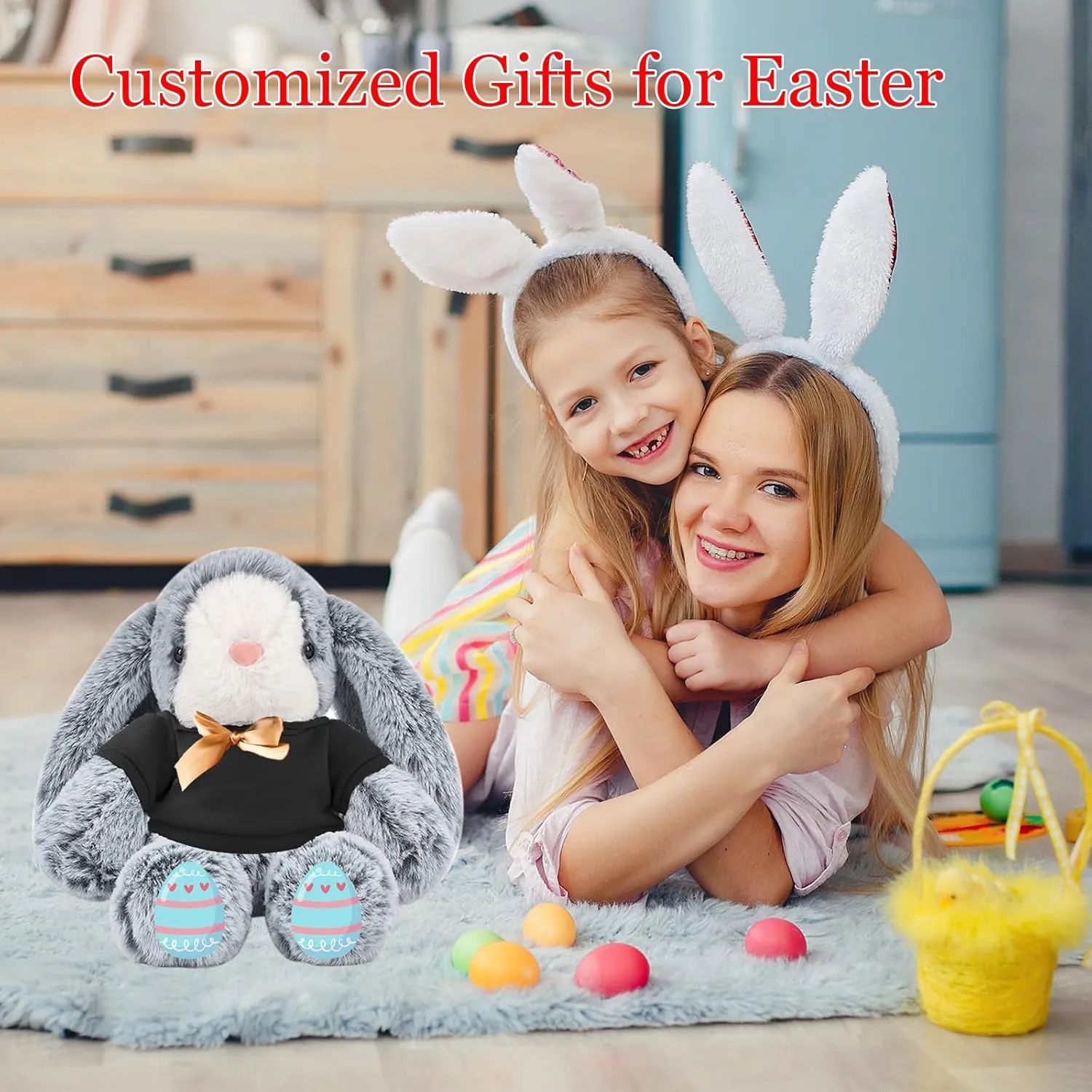 Personalized Easter Bunny Stuffed Animal, Custom Stuffed Easter Bunny Plush with Text Photo as Personalized Easter Gift for Baby, Kids First Easter Gift, 12 inch