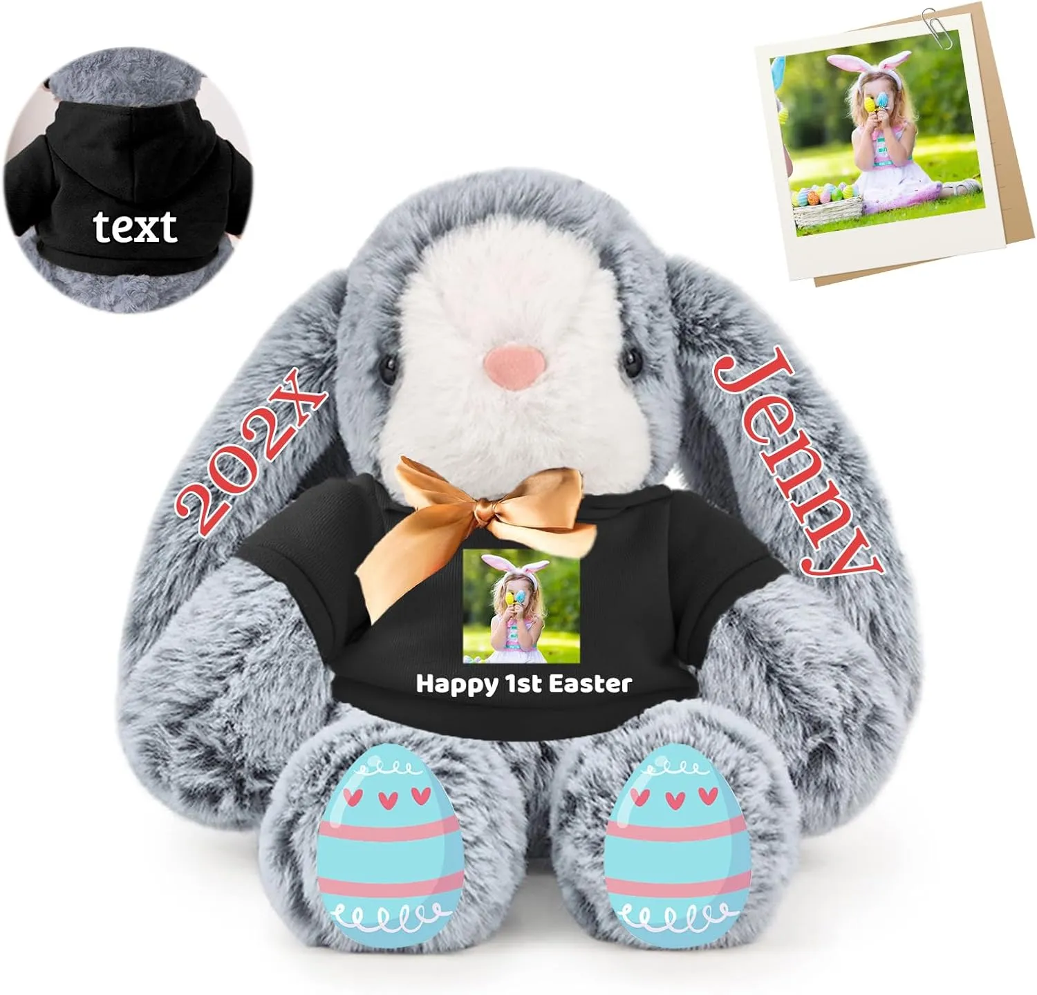 Personalized Easter Bunny Stuffed Animal, Custom Stuffed Easter Bunny Plush with Text Photo as Personalized Easter Gift for Baby, Kids First Easter Gift, 12 inch