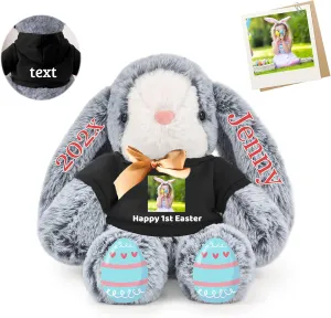 Personalized Easter Bunny Stuffed Animal, Custom Stuffed Easter Bunny Plush with Text Photo as Personalized Easter Gift for Baby, Kids First Easter Gift, 12 inch