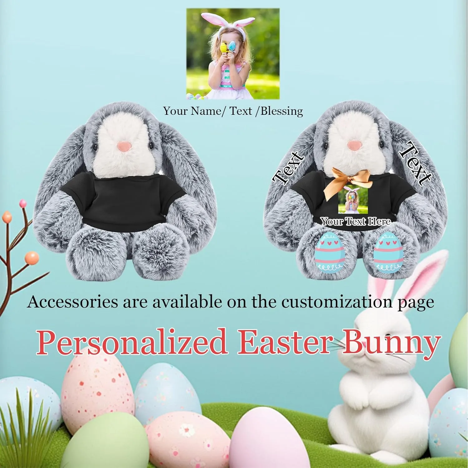 Personalized Easter Bunny Stuffed Animal, Custom Stuffed Easter Bunny Plush with Text Photo as Personalized Easter Gift for Baby, Kids First Easter Gift, 12 inch