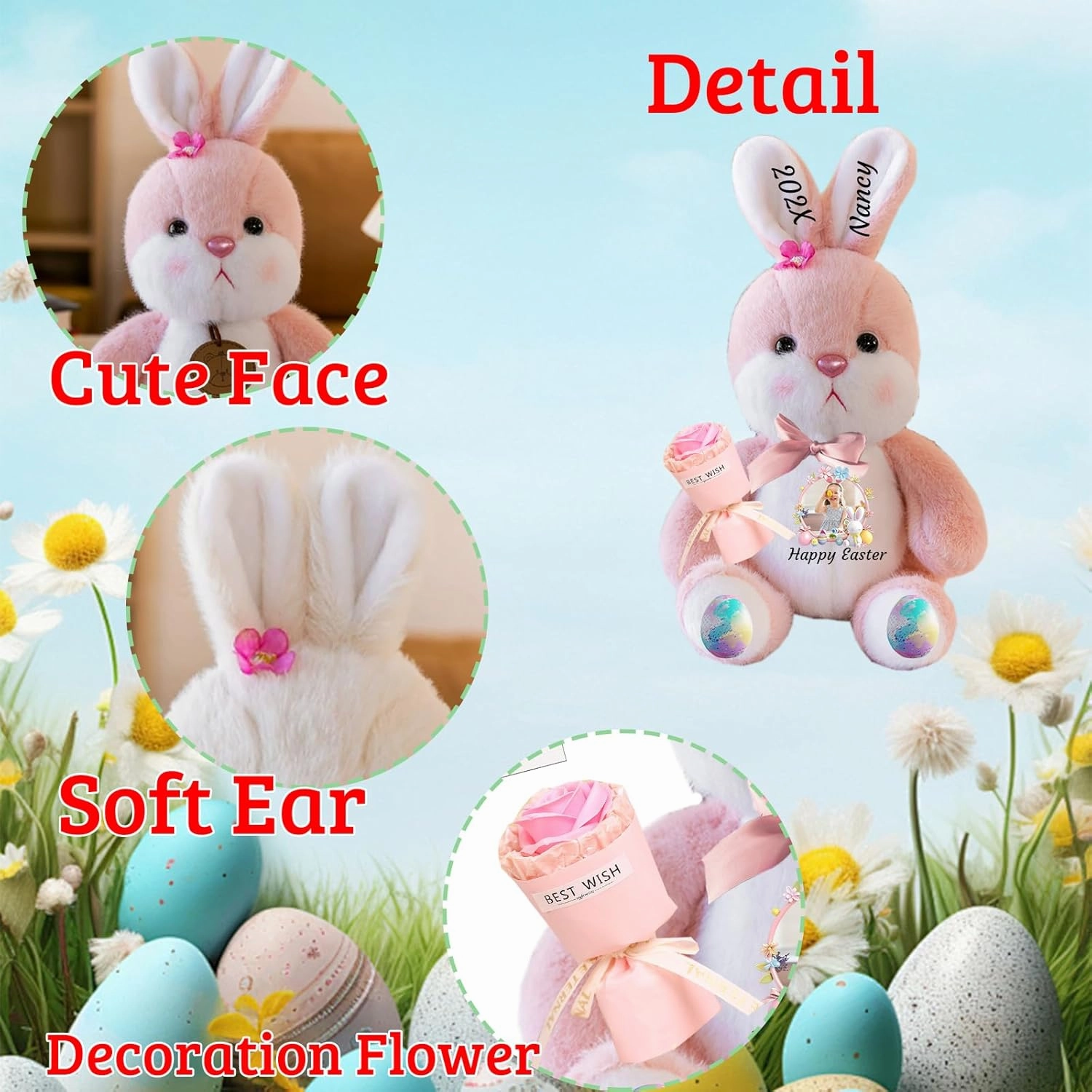 Personalized Easter Bunny Plush, Custom Rabbit Plush Stuffed Animal with Text Photo as Personalized Bunny Stuffed Easter Gift for Newborn, Baby, Kids Adults, 10 inch