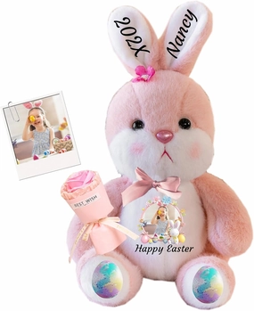Personalized Easter Bunny Plush, Custom Rabbit Plush Stuffed Animal with Text Photo as Personalized Bunny Stuffed Easter Gift for Newborn, Baby, Kids Adults, 10 inch