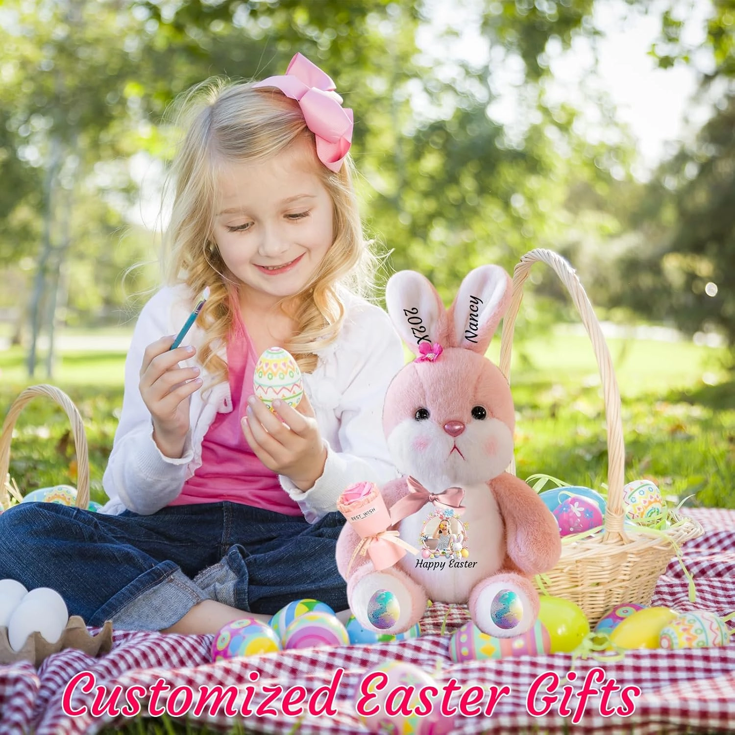 Personalized Easter Bunny Plush, Custom Rabbit Plush Stuffed Animal with Text Photo as Personalized Bunny Stuffed Easter Gift for Newborn, Baby, Kids Adults, 10 inch