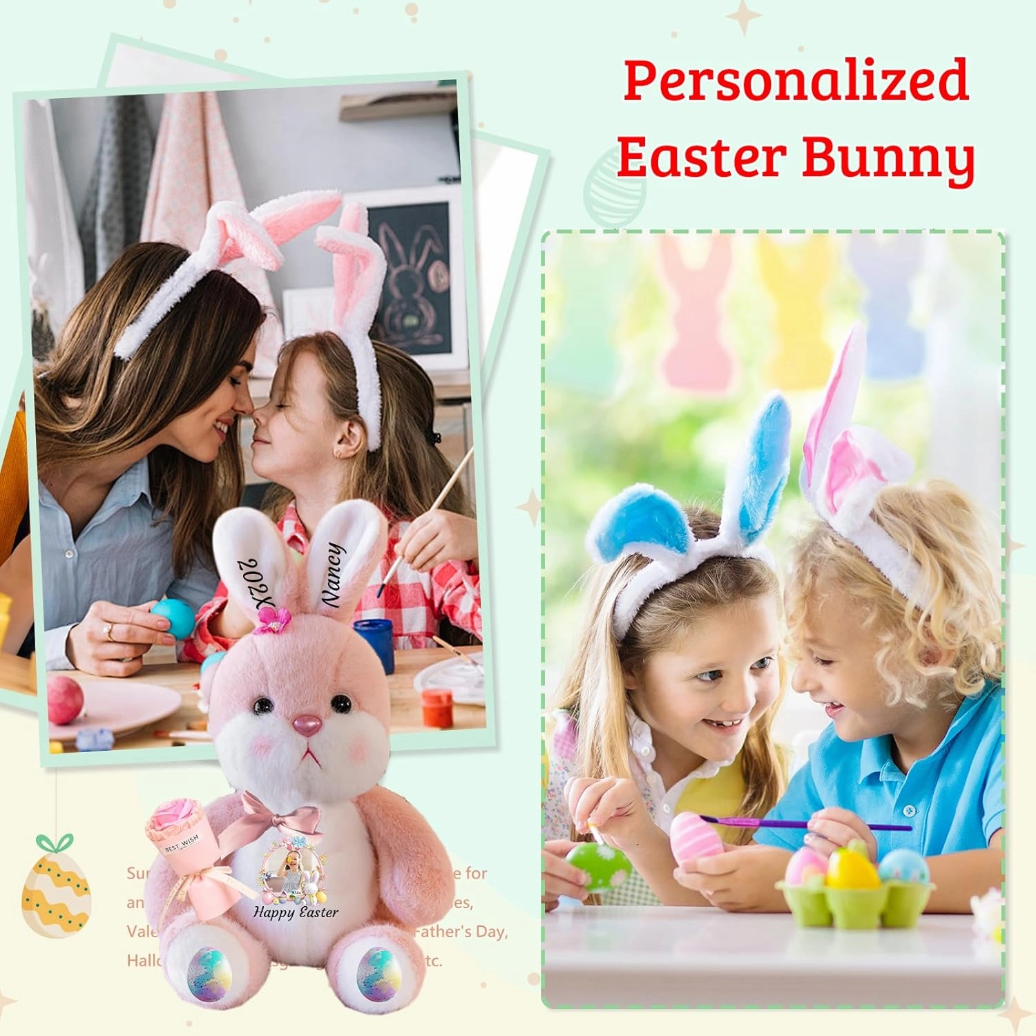 Personalized Easter Bunny Plush, Custom Rabbit Plush Stuffed Animal with Text Photo as Personalized Bunny Stuffed Easter Gift for Newborn, Baby, Kids Adults, 10 inch