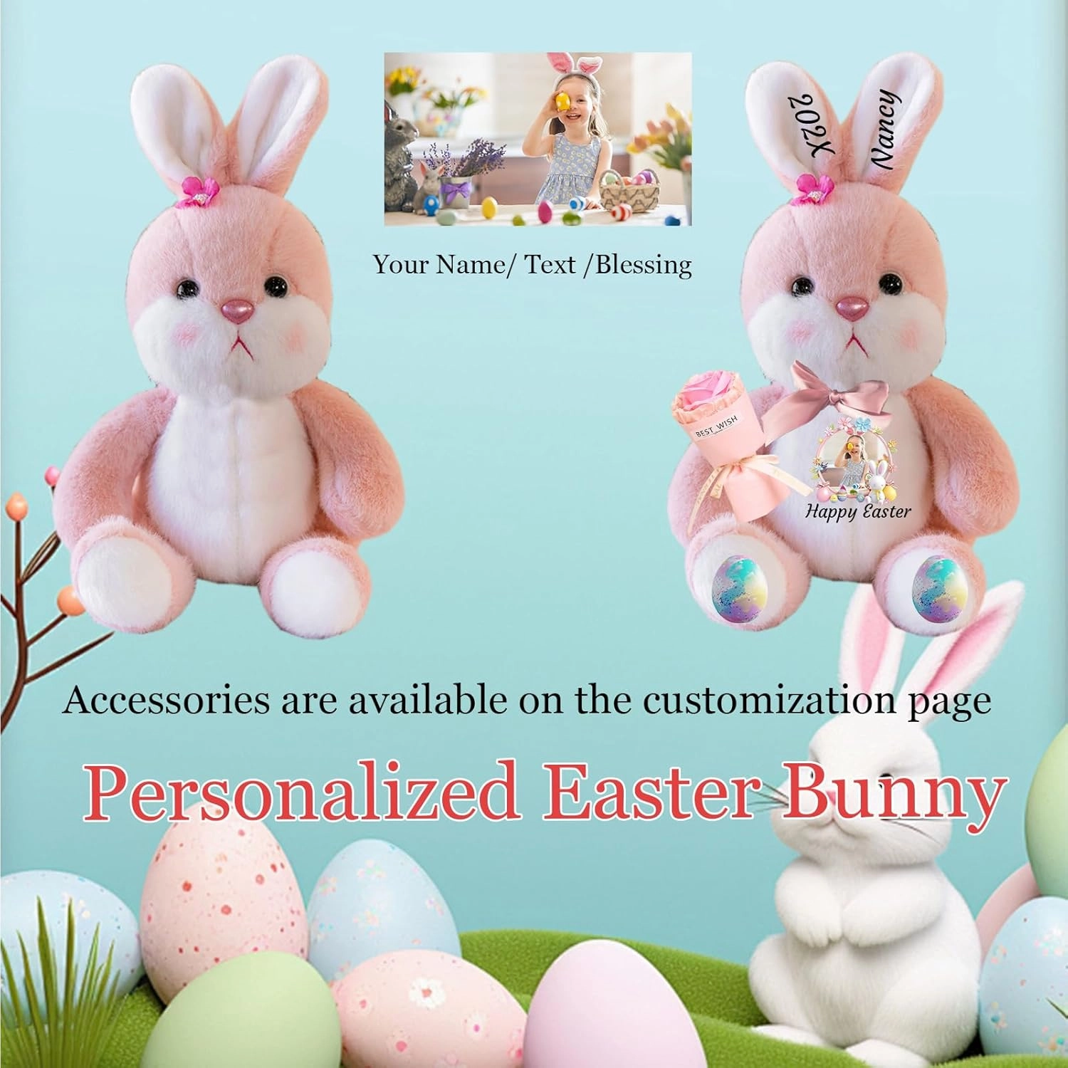 Personalized Easter Bunny Plush, Custom Rabbit Plush Stuffed Animal with Text Photo as Personalized Bunny Stuffed Easter Gift for Newborn, Baby, Kids Adults, 10 inch