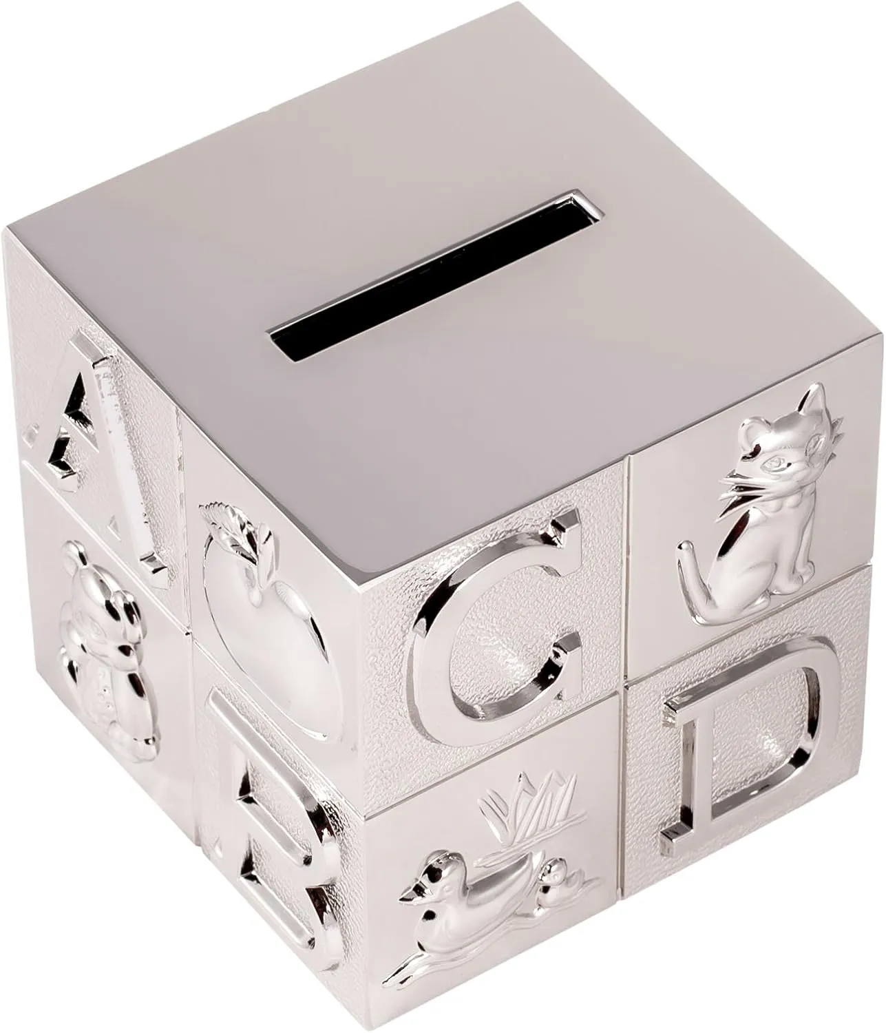 Pewter ABC Block Bank for Kids, Newborn Gift, Silver, 3”x3”x3”, Shiny Non-Tarnish Nickel Plated Finish, Polished Finish, Gift Box Included