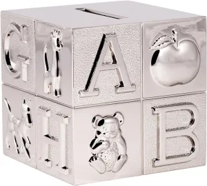 Pewter ABC Block Bank for Kids, Newborn Gift, Silver, 3”x3”x3”, Shiny Non-Tarnish Nickel Plated Finish, Polished Finish, Gift Box Included