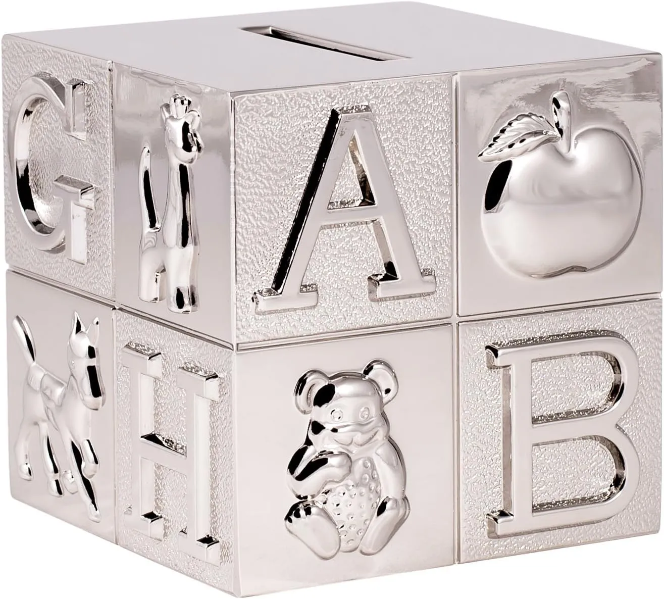 Pewter ABC Block Bank for Kids, Newborn Gift, Silver, 3”x3”x3”, Shiny Non-Tarnish Nickel Plated Finish, Polished Finish, Gift Box Included
