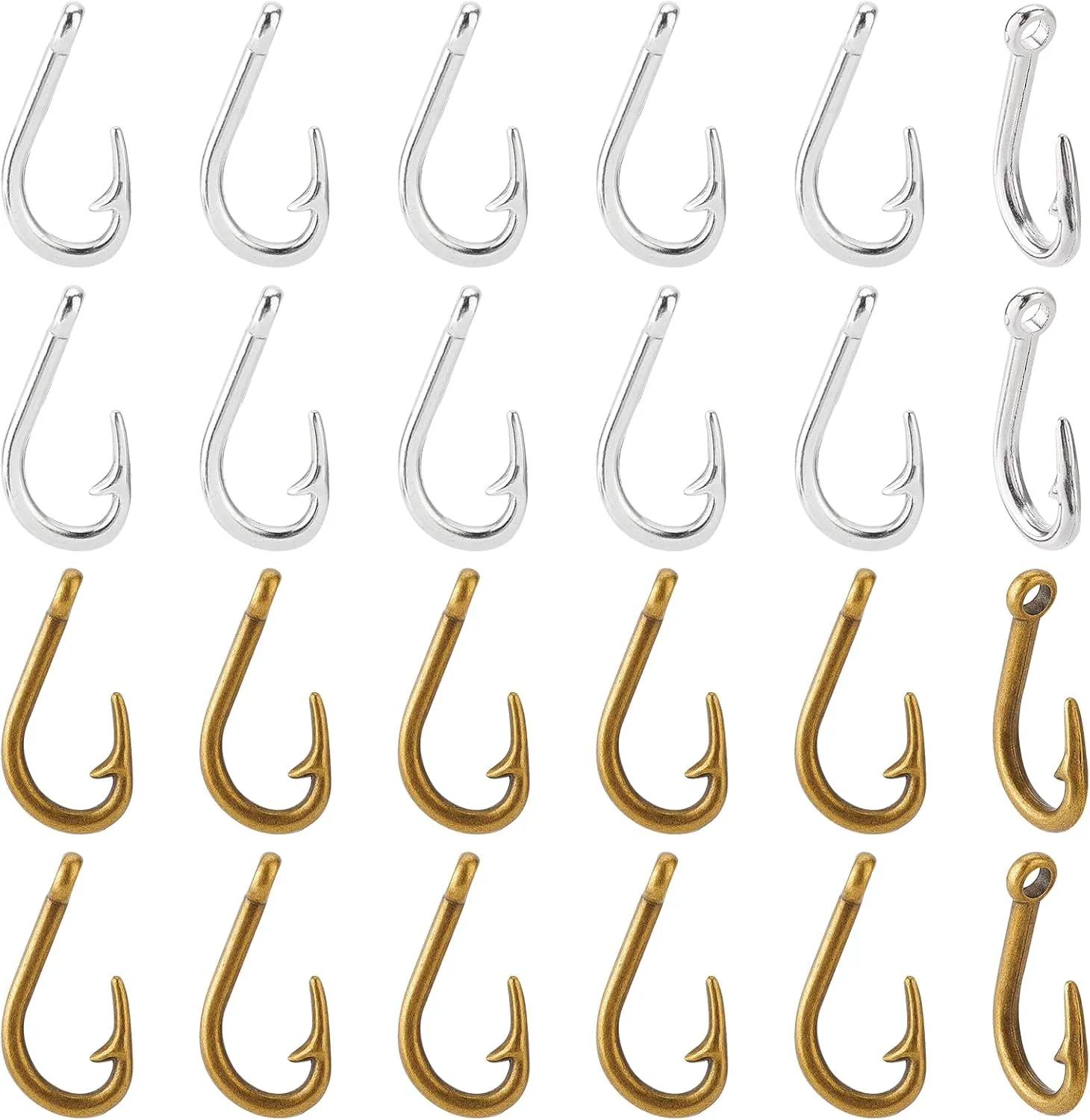 PH PandaHall Fish Hook Charm, 40pcs 2 Colors Fishhooks Charms Pendants Tibetan Alloy Hook Pendants Metal Dangle Charms for DIY Jewelry Necklace Earrings Bracelet Making Accessories