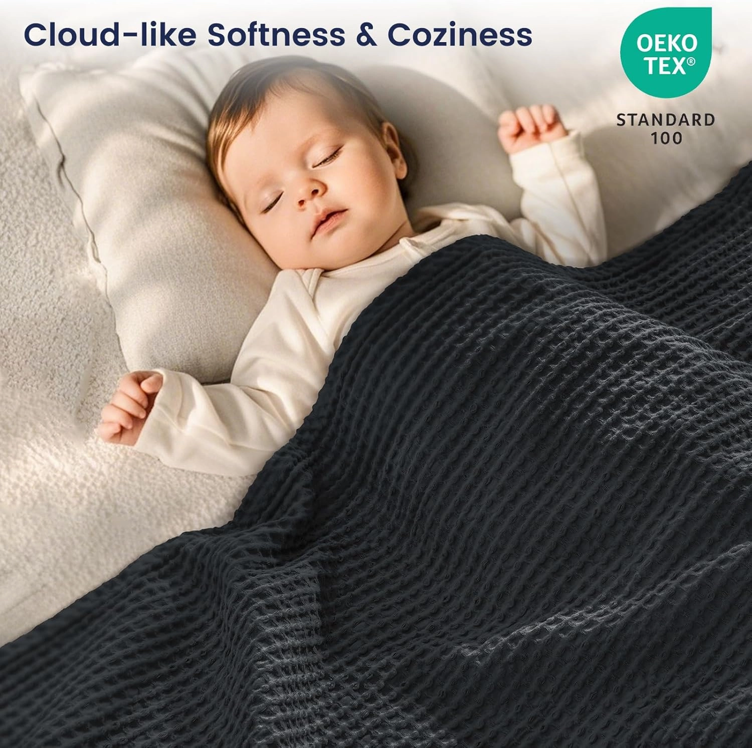 PHF 100% Cotton Waffle Weave Blanket California King Size 120"x 120" - Washed Soft Lightweight Breathable - 10'x10' Oversize Huge Extra Large for Couch Bed Sofa,Aesthetic Room Decor Gift - Black