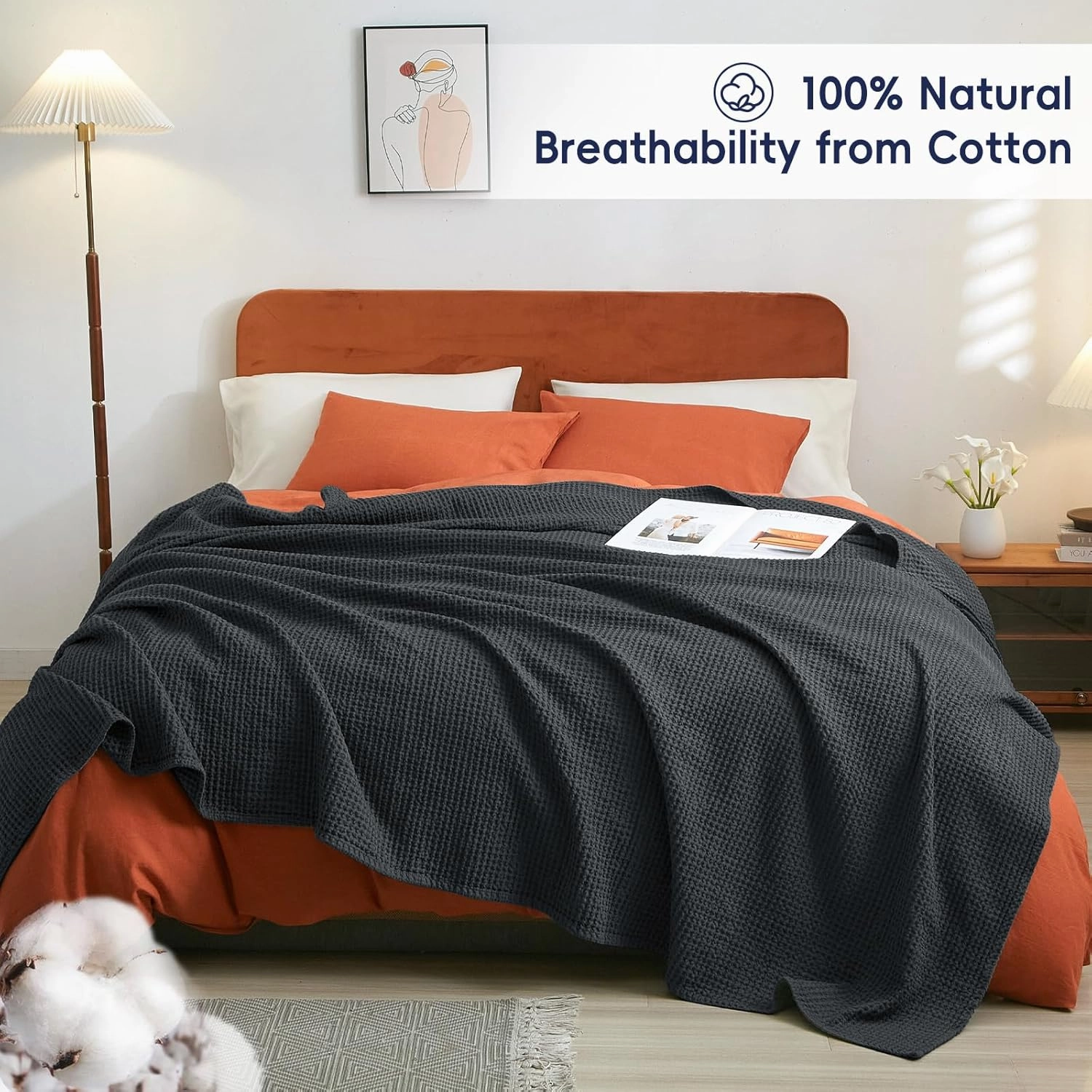 PHF 100% Cotton Waffle Weave Blanket California King Size 120"x 120" - Washed Soft Lightweight Breathable - 10'x10' Oversize Huge Extra Large for Couch Bed Sofa,Aesthetic Room Decor Gift - Black