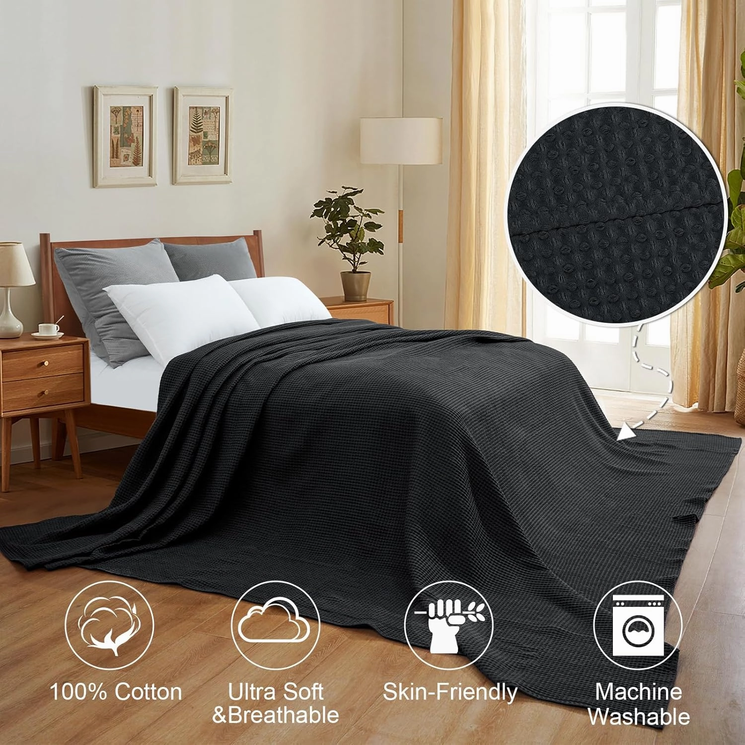 PHF 100% Cotton Waffle Weave Blanket California King Size 120"x 120" - Washed Soft Lightweight Breathable - 10'x10' Oversize Huge Extra Large for Couch Bed Sofa,Aesthetic Room Decor Gift - Black