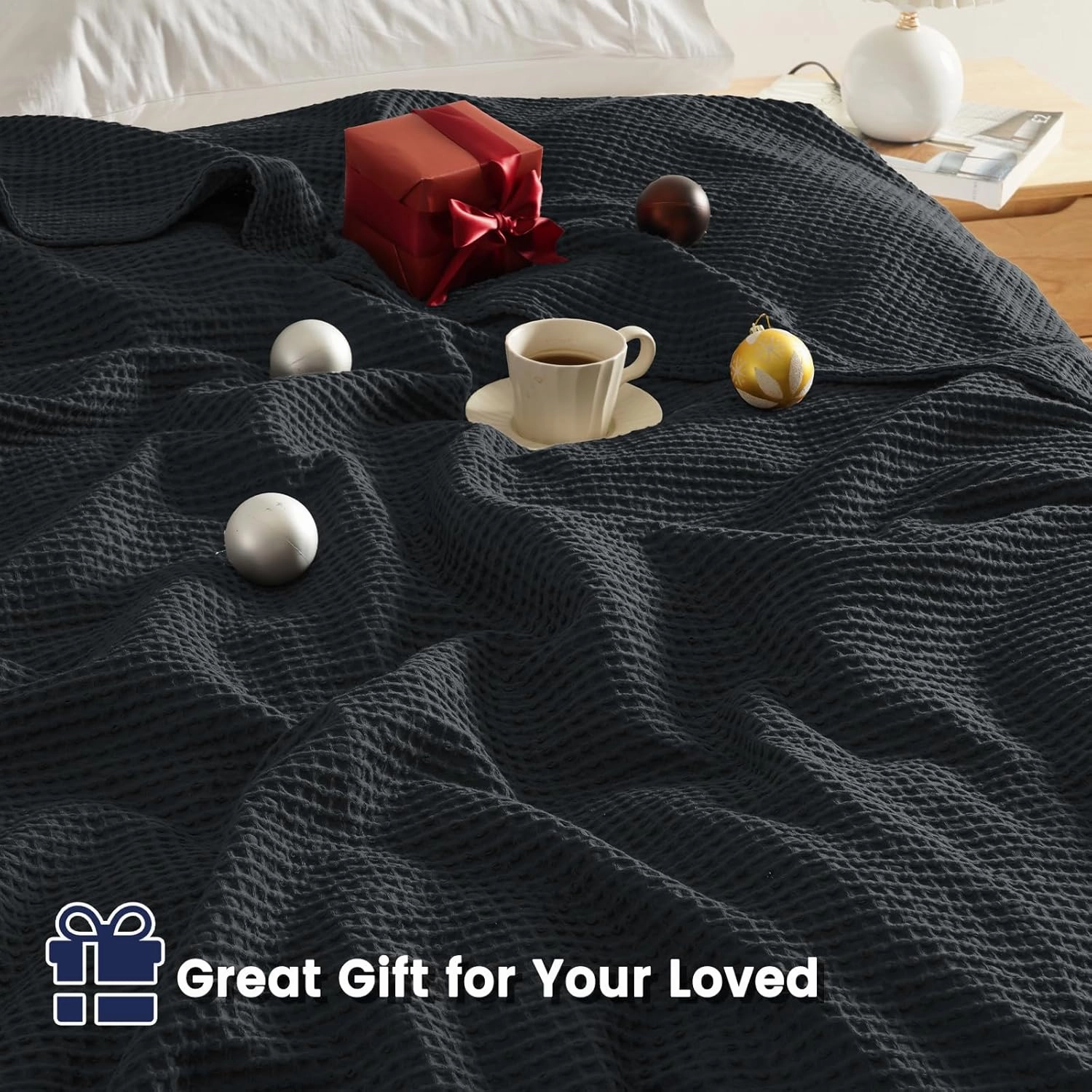 PHF 100% Cotton Waffle Weave Blanket California King Size 120"x 120" - Washed Soft Lightweight Breathable - 10'x10' Oversize Huge Extra Large for Couch Bed Sofa,Aesthetic Room Decor Gift - Black