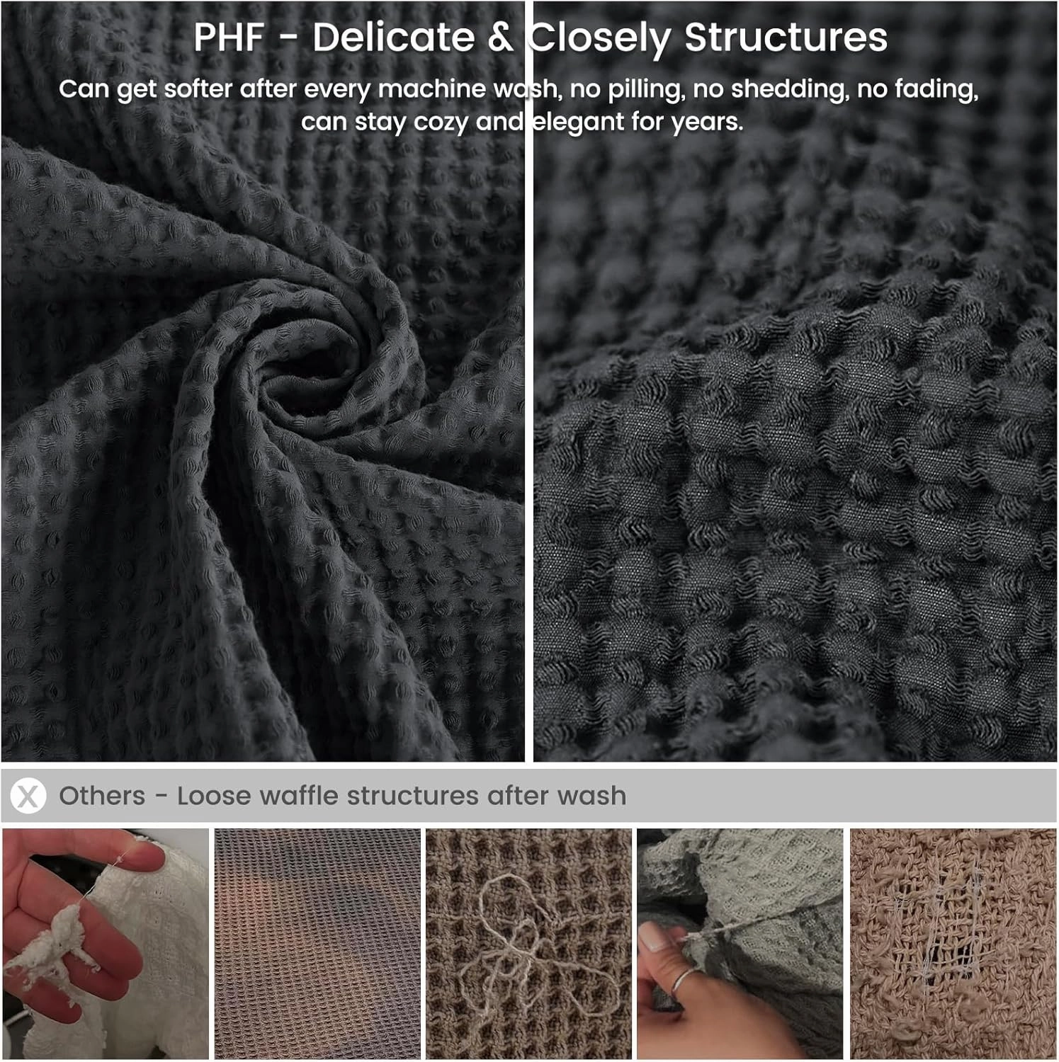 PHF 100% Cotton Waffle Weave Blanket California King Size 120"x 120" - Washed Soft Lightweight Breathable - 10'x10' Oversize Huge Extra Large for Couch Bed Sofa,Aesthetic Room Decor Gift - Black