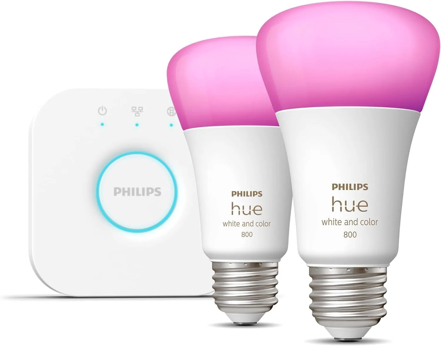 Philips Hue Smart Light Starter Kit - Includes (1) Bridge and (2) 60W A19 LED Bulb, White and Color Ambiance Color-Changing Light, 800LM, E26 - Control with App or Voice Assistant