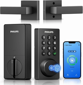 Philips WiFi Deadbolt Smart Lock with Handle, APP/Voice/Fingerprint/Passcode/Key Unlock, Smart Locks for Front Door with Handle Set, Backlit Keypad Deadbolt, Keyless Entry, Remote Control, Auto-Lock