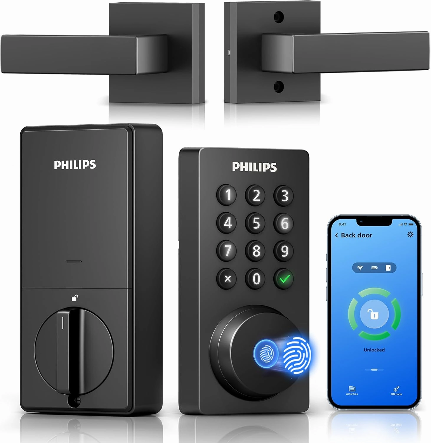 Philips WiFi Deadbolt Smart Lock with Handle, APP/Voice/Fingerprint/Passcode/Key Unlock, Smart Locks for Front Door with Handle Set, Backlit Keypad Deadbolt, Keyless Entry, Remote Control, Auto-Lock