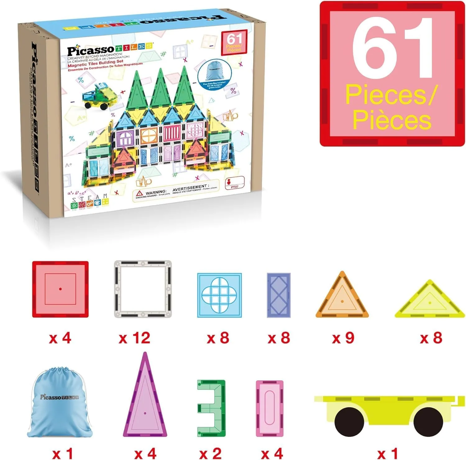 PicassoTiles Magnetic Tiles 61 Piece Magnet Tile Building Blocks Construction Sensory Toy Set with Carry Bag Storage Bin Container STEM Toddler Learning Educational Pretend Play Boy Girl Ages 3  PT07