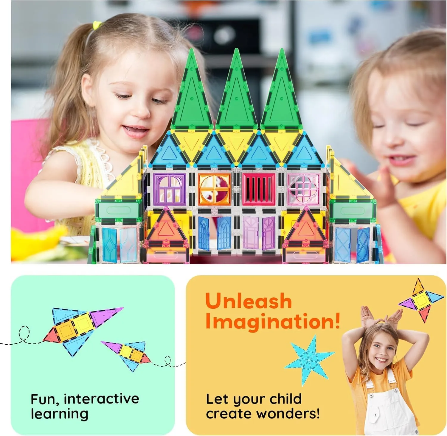 PicassoTiles Magnetic Tiles 61 Piece Magnet Tile Building Blocks Construction Sensory Toy Set with Carry Bag Storage Bin Container STEM Toddler Learning Educational Pretend Play Boy Girl Ages 3  PT07