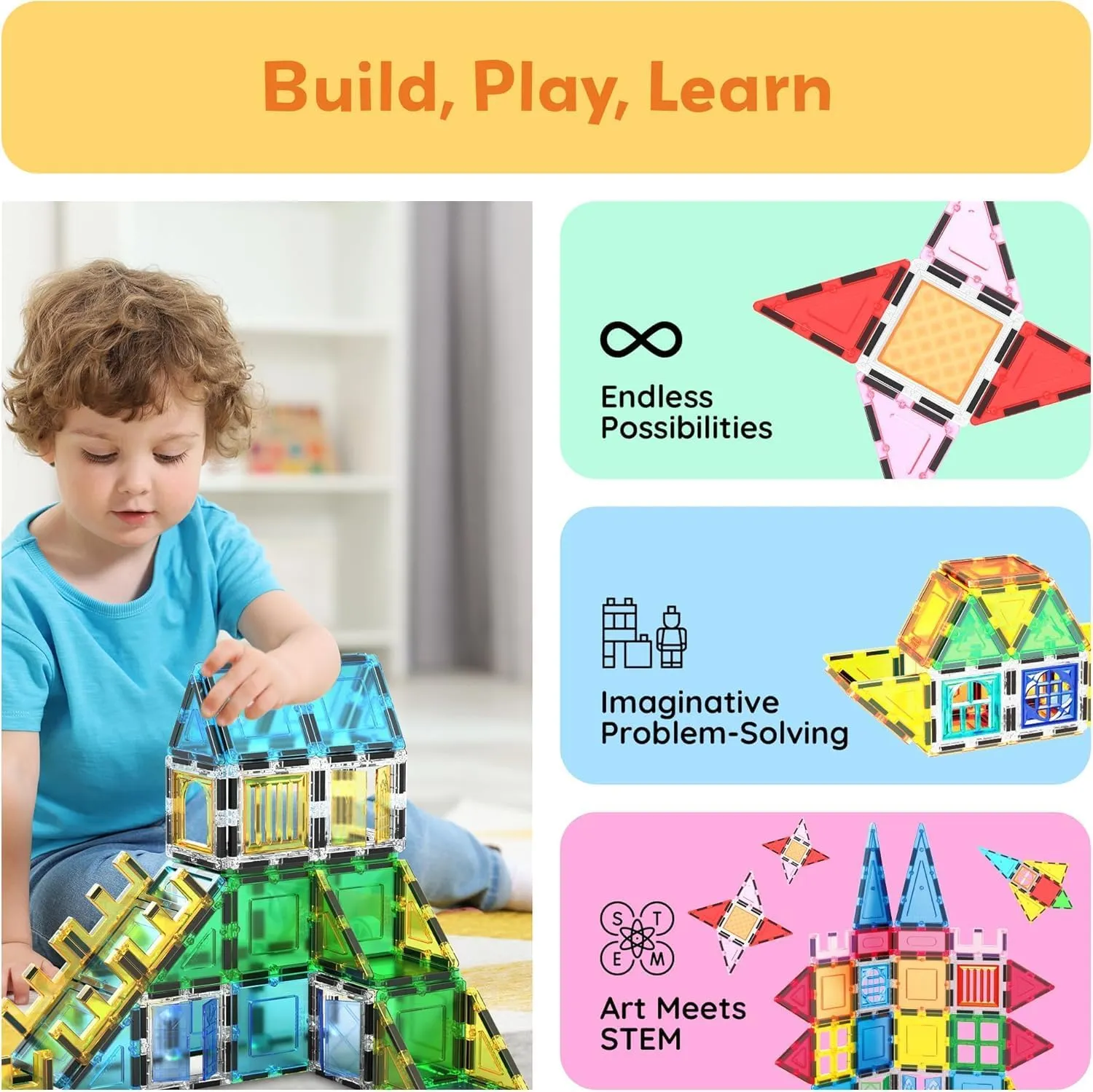 PicassoTiles Magnetic Tiles 61 Piece Magnet Tile Building Blocks Construction Sensory Toy Set with Carry Bag Storage Bin Container STEM Toddler Learning Educational Pretend Play Boy Girl Ages 3  PT07