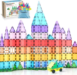PicassoTiles Magnetic Tiles 61 Piece Magnet Tile Building Blocks Construction Sensory Toy Set with Carry Bag Storage Bin Container STEM Toddler Learning Educational Pretend Play Boy Girl Ages 3  PT07