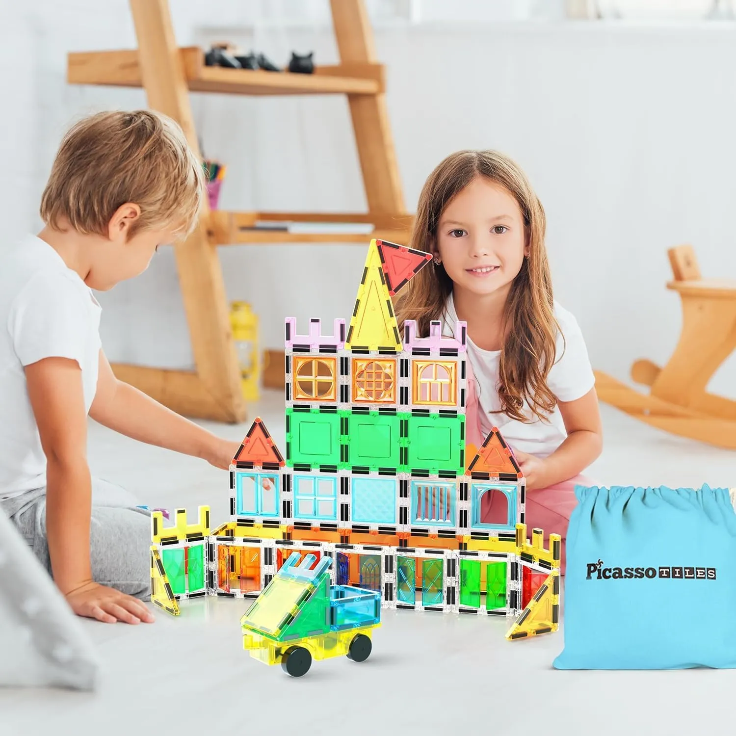 PicassoTiles Magnetic Tiles 61 Piece Magnet Tile Building Blocks Construction Sensory Toy Set with Carry Bag Storage Bin Container STEM Toddler Learning Educational Pretend Play Boy Girl Ages 3  PT07