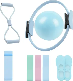 Pilates Ring Set, 14" Magic Circle, Long & Loop Resistance Bands, Soft Pilates Ball, Grip Socks,Puller, Home Workout Equipment for Women & Beginners to Tone, Flexibility & Core Strength