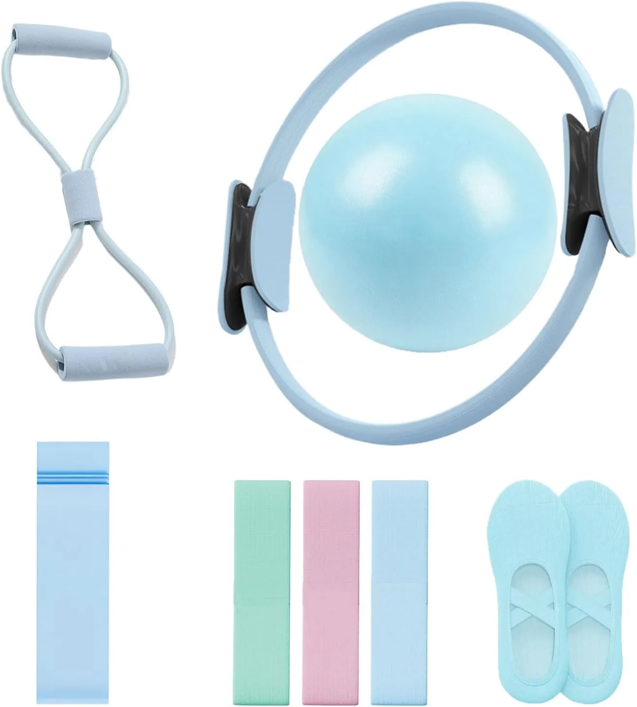 Pilates Ring Set, 14" Magic Circle, Long & Loop Resistance Bands, Soft Pilates Ball, Grip Socks,Puller, Home Workout Equipment for Women & Beginners to Tone, Flexibility & Core Strength