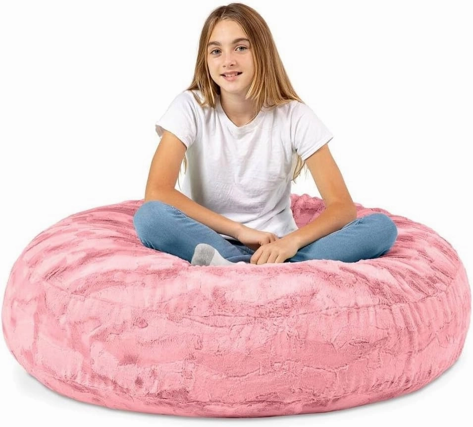 Pink Color 4 Foot Faux Fur Big Bean Bag Chair, Size: 48" L X 48" W X 16" H | Incredibly Soft Removable and Machine-Washable Cover with Childproof Zipper Lock
