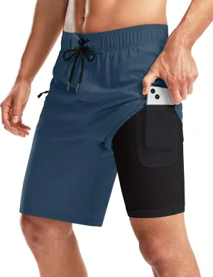 Pinkbomb Men's Swim Trunks with Compression Liner 9 Inch Quick Dry Swimsuit Swimming Swim Board Shorts for Men with Pockets