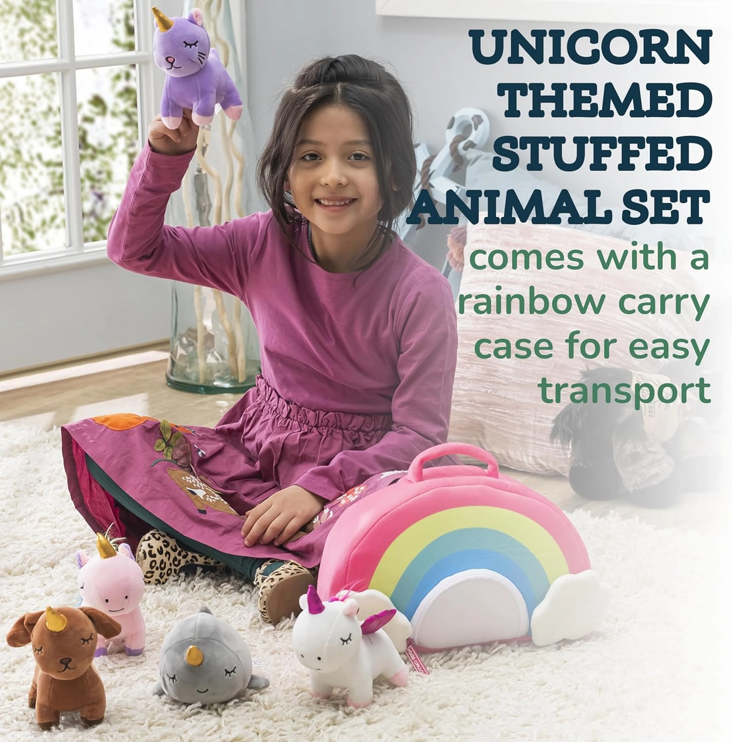 PixieCrush Unicorn Stuffed Animal Set - 5 Plush Toys for Girls with Narwhal, Puppycorn, Kittycorn and Rainbow Unicorn - Soft Plushies with Carry Case - Gift for Kids Ages 3 and Up