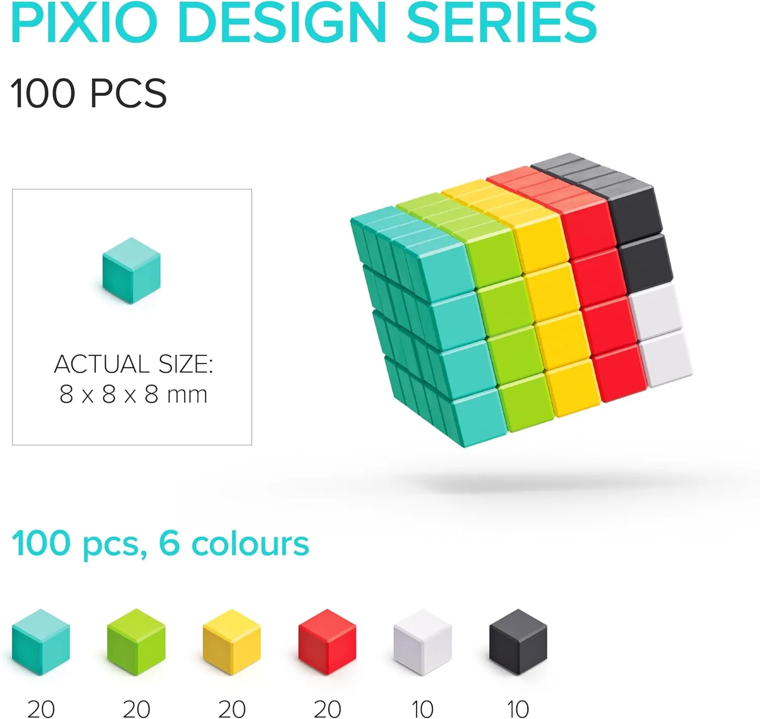 PIXIO-100 - Tiny Magnetic Blocks Building Toy in The Pixel Art Style with Free App - 5/16" Plastic Cubes with 6 Magnets Inside - Open Ended Toy - Creativity Toy for Ages 6 