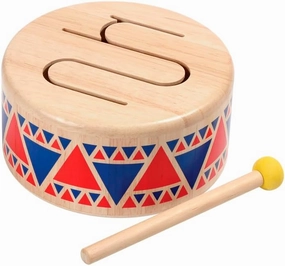 PlanToys Solid Drum Toddler Musical Instrument - Sustainably Made from Rubberwood Featuring Organic-Pigment Coloring and Water-Based Dyes Featuring Drumstick with Rubber Head