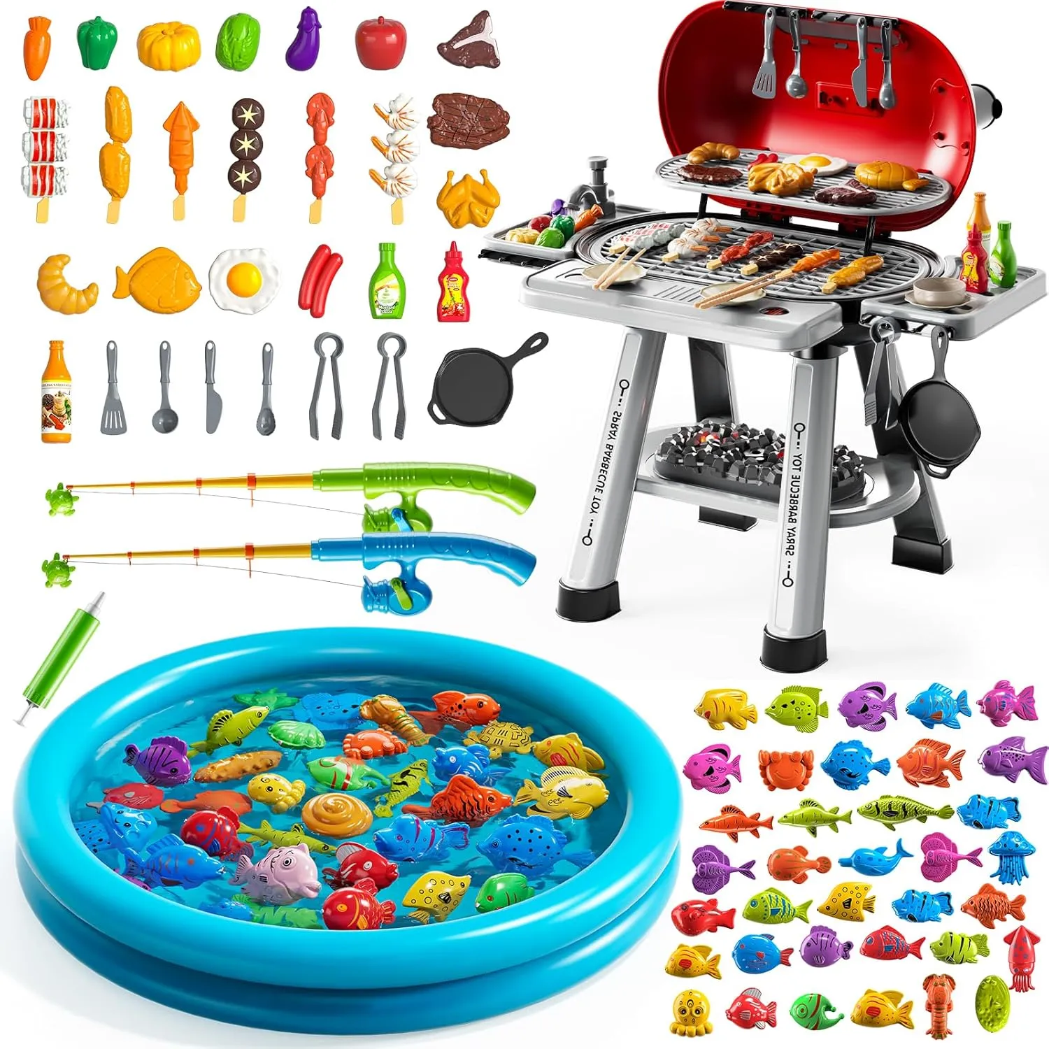 Play Kitchen Toys, Magnet Fishing Toys Game, BBQ Grill with Smoke for Kids Ages 3-8, Bath Toys for Toddlers, Outdoor Party Toys for Boys Girls 3-5, Birthday Gifts